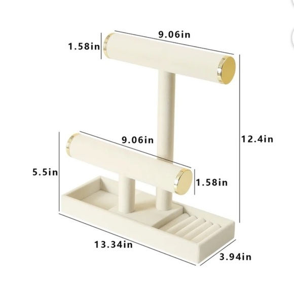 Cream Linen and Gold a2-tier jewelry display stand With Ring Holders - Picture 6 of 12